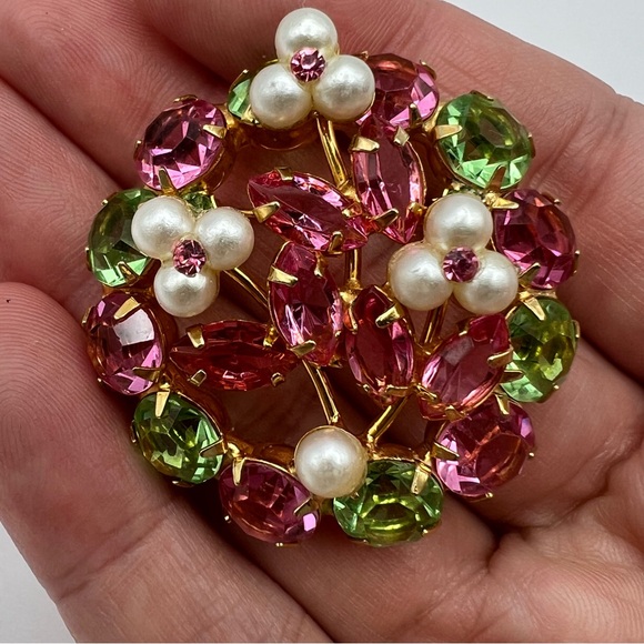 Colorful Pink & Green Rhinestone Brooch w/ Faux Pearl Flowers - Picture 2 of 5